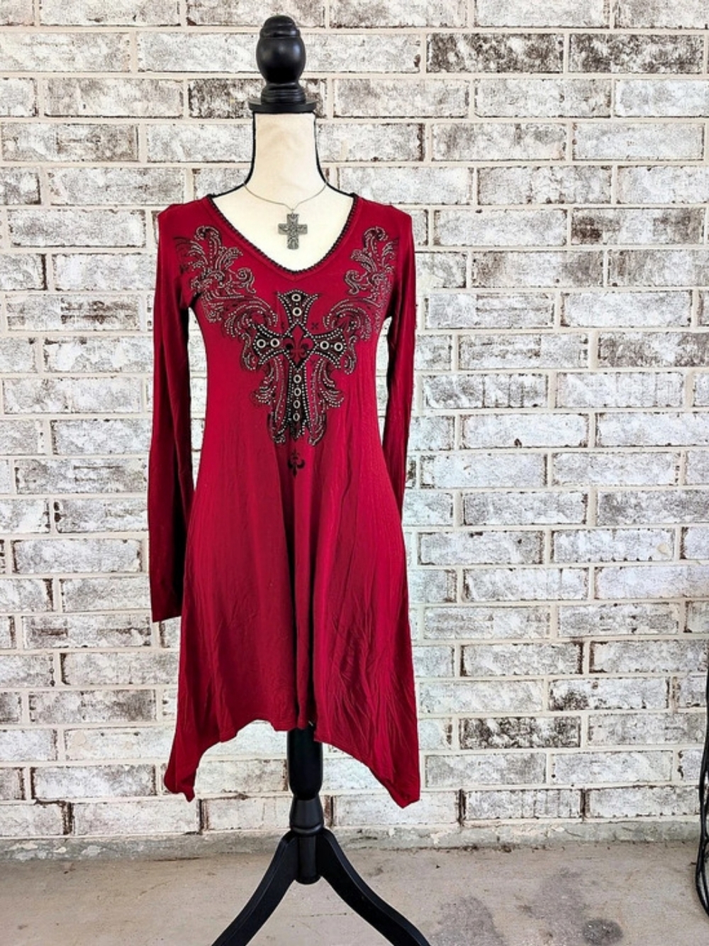 Y2K studded asymmetrical dress with decorative grommets and large Gothic cross
